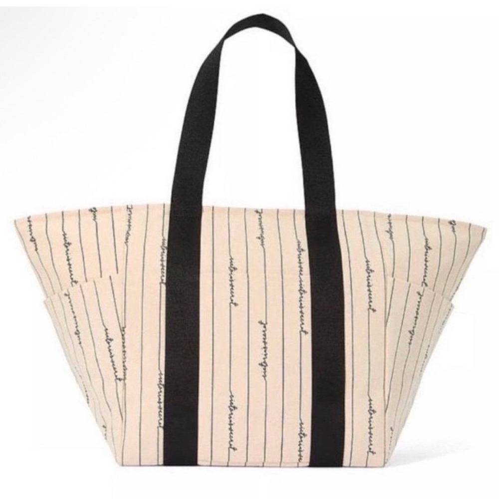 Victoria's Secret NWT  Script Logo Pinstripe Large Canvas Bag Cream Black